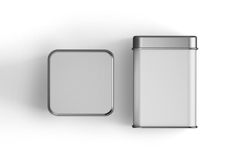 Blank white square tin box food container for packaging design mockup isolated on white background. Top and front view. 3d rendering.