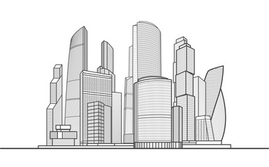 Obraz premium Modern town. Urban city complex. Business center. Infrastructure outlines illustration. Black outlines on white background. Vector design art 
