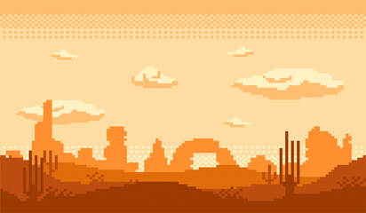 vector graphic illustration of pixel art desert atmosphere in the afternoon when the sun is going down and there is a shadow of a cactus tree