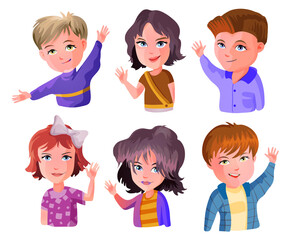 Cute kids waving hands vector illustrations set. Smiling little children in casual clothing greeting gesture. Cheerful elementary school students, kindergarten pupils cartoon characters hi