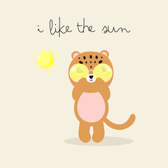 Cute Leopard in the sunglasses. Vector cartoon illustration. For kids stuff, card, posters, banners, children books, printing on the pack, printing on clothes, fabric, wallpaper, textile or dishes.