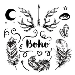 Gypsy Love: Set of Ornamental Boho Style Elements. Vector illustration. Tattoo template. Trendy hand drawn tribal symbol collection. Hippie design elements. Coloring book pages for adults.