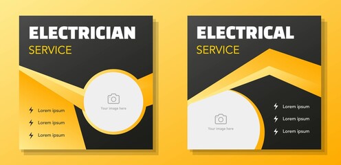 Electrical service social media post banner set, electrician business corporate advertisement concept, repairman worker marketing square ad, abstract flyer, leaflet, isolated