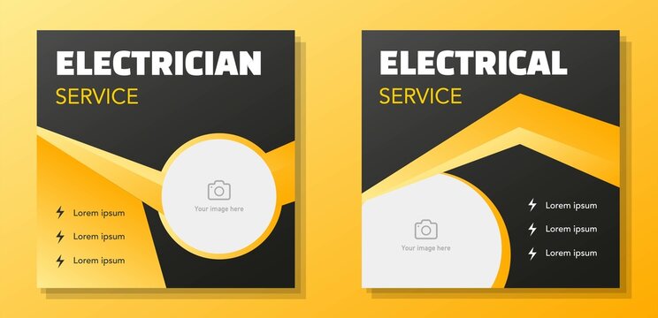Electrical service social media post banner set, electrician business corporate advertisement concept, repairman worker marketing square ad, abstract flyer, leaflet, isolated