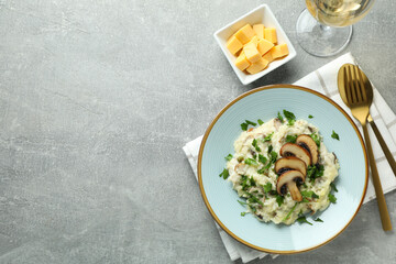 Concept of tasty food with risotto with mushrooms, space for text
