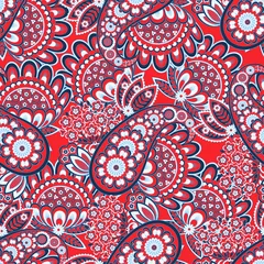 Behang Rood Naadloos patroon op basis van traditionele Aziatische elementen Paisley. Traditioneel kleurrijk naadloos paisley vectorpatroon. Patroon voor textielontwerp of stoffen. Modieus delicaat ontwerp