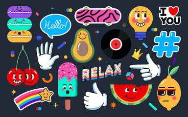 Set of Various Patches, pins, stamps or Stickers. Abstract funny cute comic Characters. Different Phrases and words. Hand drawn trendy cartoon style. Vector Illustration