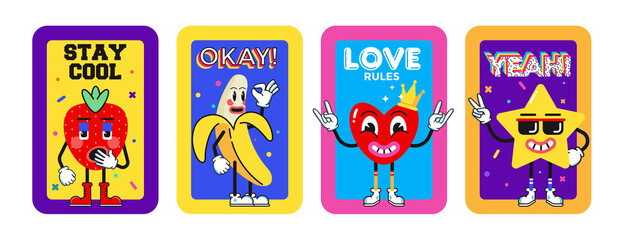 Funny cartoon characters. Sticker pack, posters, prints. Collection of Strawberry, Banana, Heart and Star. Set of comic elements in trendy retro cartoon style. Vector illustration