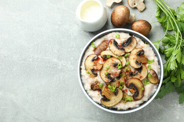 Concept of tasty food with risotto with mushrooms, space for text