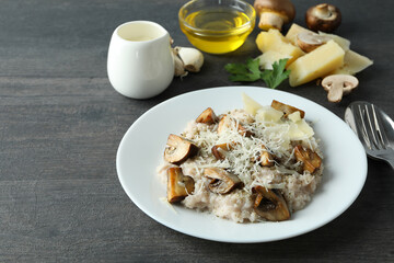 Concept of tasty food with risotto with mushrooms, space for text