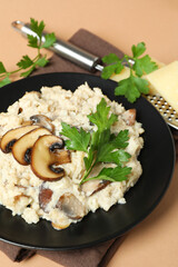 Concept of tasty food with risotto with mushrooms
