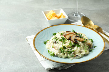 Concept of tasty food with risotto with mushrooms, space for text