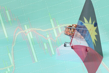 A metal basket filled with coins and the flag of Antigua and Barbuda on a blue podium, a sales chart in the background. The concept of GDP and economic indicators of Antigua and Barbuda.