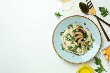 Concept of tasty food with risotto with mushrooms, space for text