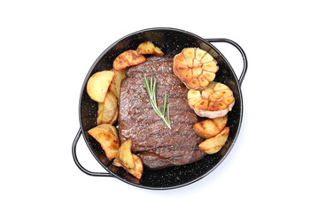 Plate with beef steak, potato and garlic isolated on white background