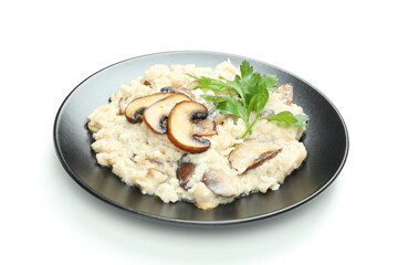 Risotto with mushrooms isolated on white background