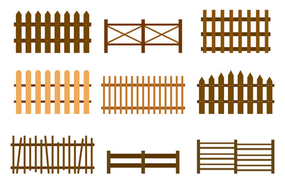 Set of fences on white background. Vector new and old fences in flat style.