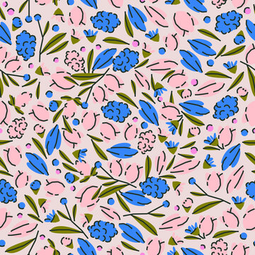 Cute botanical seamless pattern with flowers and plants. Vector background, print, design