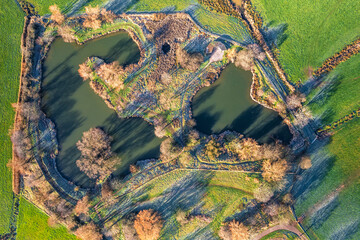 Top Dawn view over Ponds, Fields and Meadows, Topsham, Devon, England