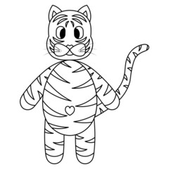Tiger. Sketch. Striped kitten with a cute belly. Vector illustration. Animal navel in the shape of a heart. Fairy tale character with a tail and mustache. Coloring book for children. 