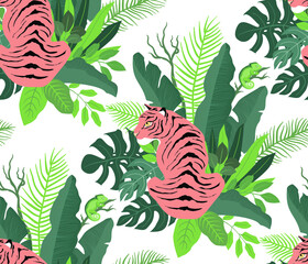 Sitting among the jungle tiger and chameleon. Seamless tropical pattern flat design. For fabric, wrapping paper and wallpaper