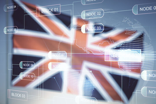 Abstract virtual coding concept and world map hologram on flag of Great Britain and sunset sky background. Multiexposure