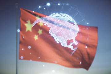 Digital map of North America hologram on Chinese flag and sunset sky background, global technology concept. Multiexposure