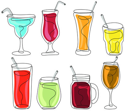 Summer drinks. Trendy line art minimalist design for summer beach party invitation, bar menu of juice and non alcohol drinks. Vector illustration