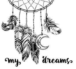 Hand drawn clip art of Native American Indian talisman dream catcher adorned with feathers and moon symbol. Vector illustration isolated on white. Lineart. Ethnic design, mystic tribal symbol.
