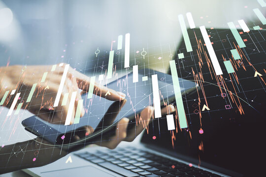 Multi exposure of abstract creative financial chart with finger presses on a digital tablet on background, research and analytics concept