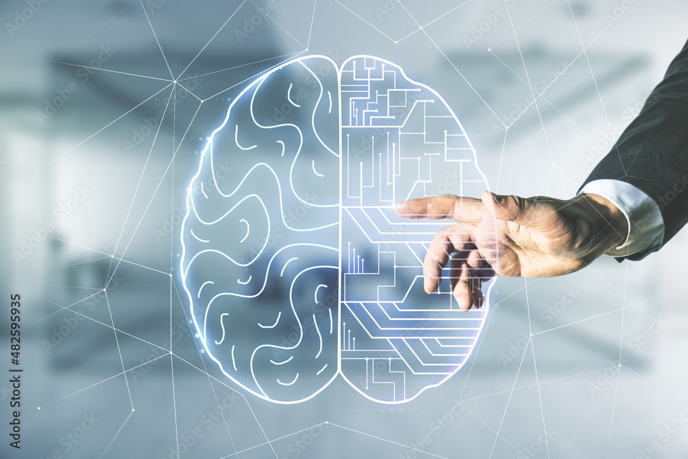 Aufkleber Man hand working with virtual creative artificial Intelligence hologram with human brain sketch on blurred office background. Multiexposure
