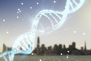 Virtual DNA symbol illustration on blurry skyline background. Genome research concept. Multiexposure