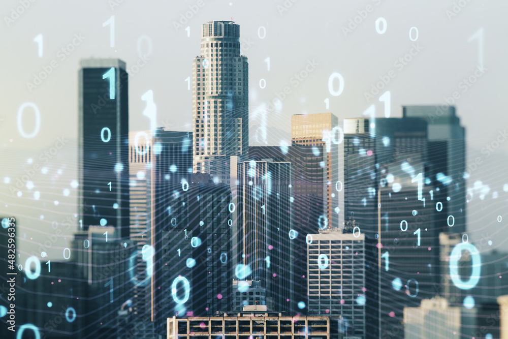 Leinwandbilder abstract virtual binary code illustration on los angeles skyline background. big data and coding con