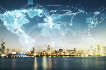 Abstract graphic digital world map hologram with connections on Chicago cityscape background,...