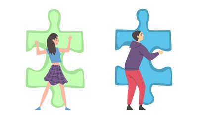 Back View of Young Man and Woman Solving Jigsaw Puzzle Vector Set