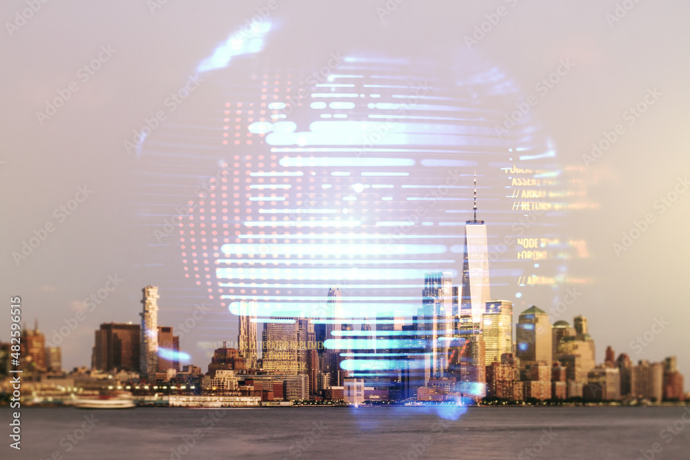Poster multi exposure of abstract graphic coding sketch and world map on manhattan cityscape background, bi