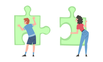 Back View of Young Man and Woman Solving Jigsaw Puzzle Vector Set