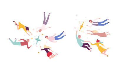 Group of Flying Man and Woman Floating in the Air Fantasizing Vector Set