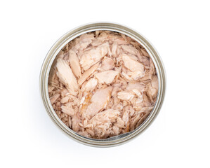 Isolated canned tuna on white/soy-free white meat tuna packed in water/open tuna on white background.