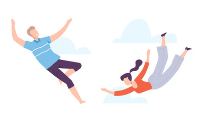 Flying Man and Woman Floating in the Air and Cloud Fantasizing Vector Set