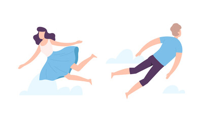 Flying Man and Woman Floating in the Air and Cloud Fantasizing Vector Set