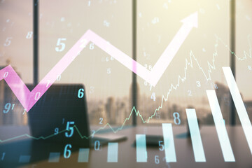 Multi exposure of abstract creative financial graph with upward arrow and modern desktop with...