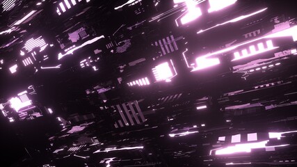 Retro futuristic scene in a style of 80's. Futuristic neon surface with light purple glowing neon lights. 3D illustration. Wallpaper in a cyberpunk style.