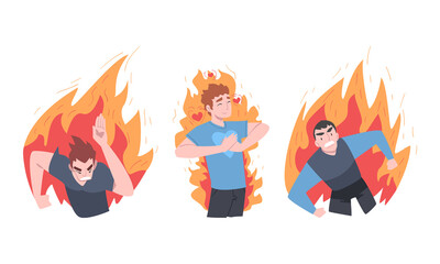 Burning Man Character Feeling Anger and Stress Vector Set