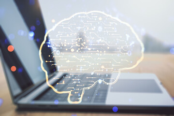 Creative artificial Intelligence concept with human brain sketch on modern computer background. Double exposure