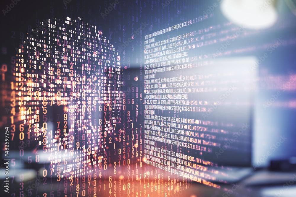 Poster creative code skull sketch on modern laptop background, theft of personal data and malware concept. 