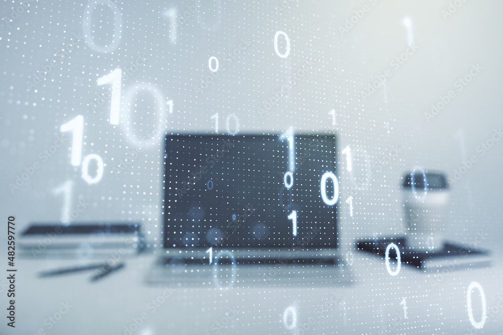 Poster creative abstract binary code hologram on modern computer background, ai and machine learning concep