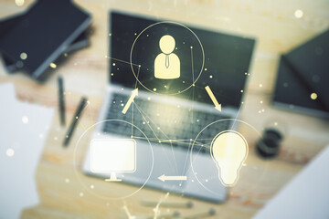 Social network concept with modern laptop on background. Multiexposure