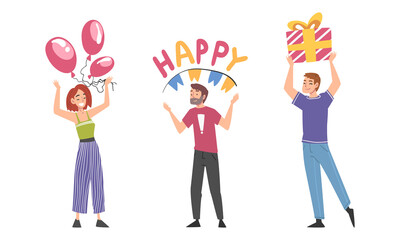 Man and Woman Celebrating Birthday Carrying Wrapped Gift Box and Balloons Vector Set