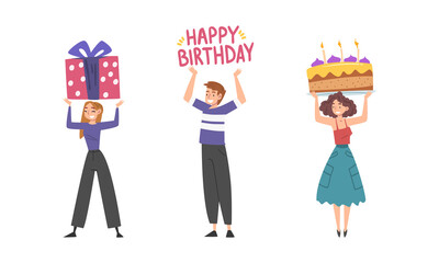 Man and Woman Celebrating Birthday Carrying Wrapped Gift Box and Cake with Candle Vector Set